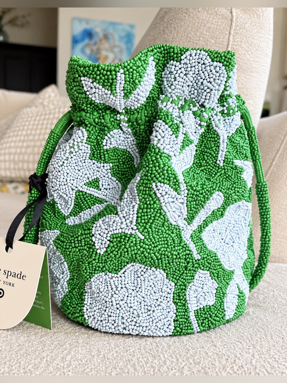 kate spade Green and White Beaded Floral Drawstring Crossbody Bag